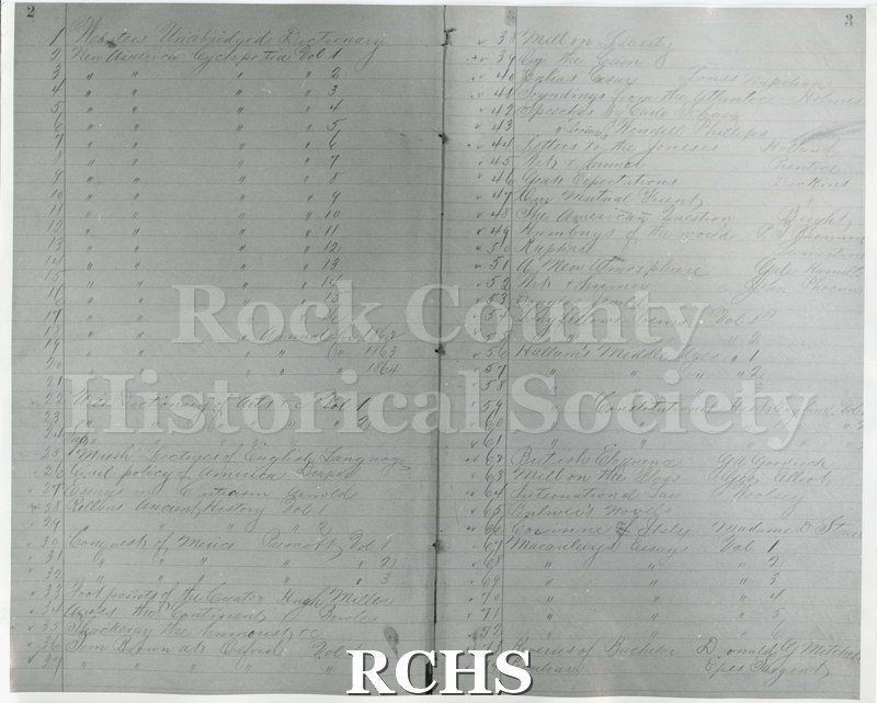 Black and white photograph of a handwritten ledger sheet containing the names of 74 books that are in the library.