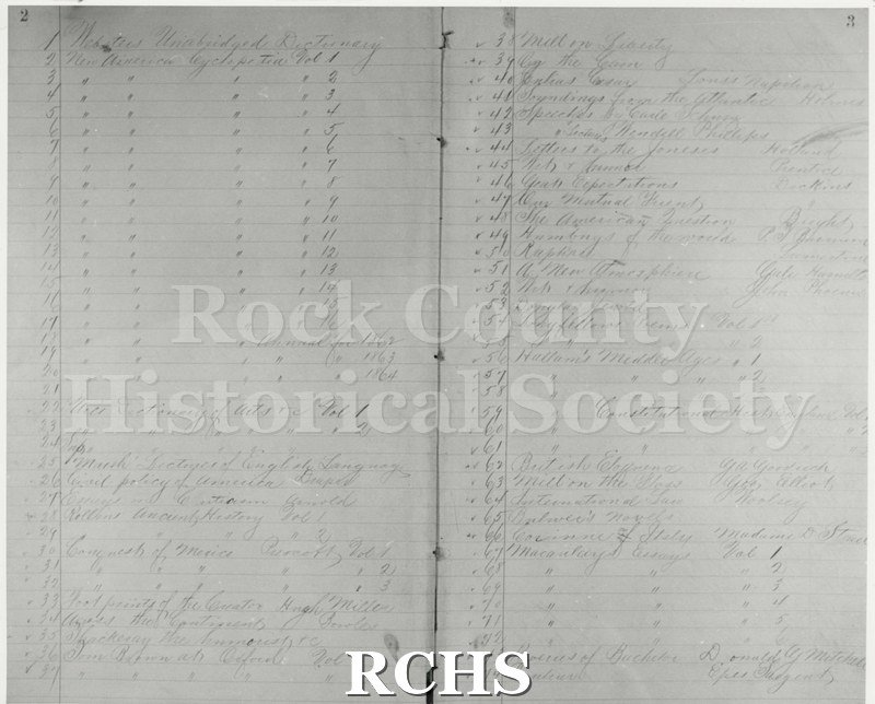 Black and white photograph of a handwritten ledger sheet containing the names of 74 books that are in the library.