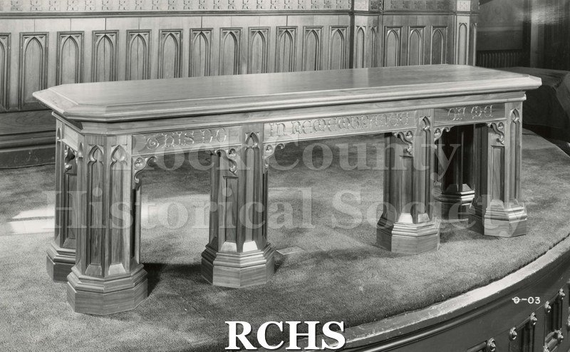 Black and white photograph of First Congregational Church altar table.made by Ossit Furniture.