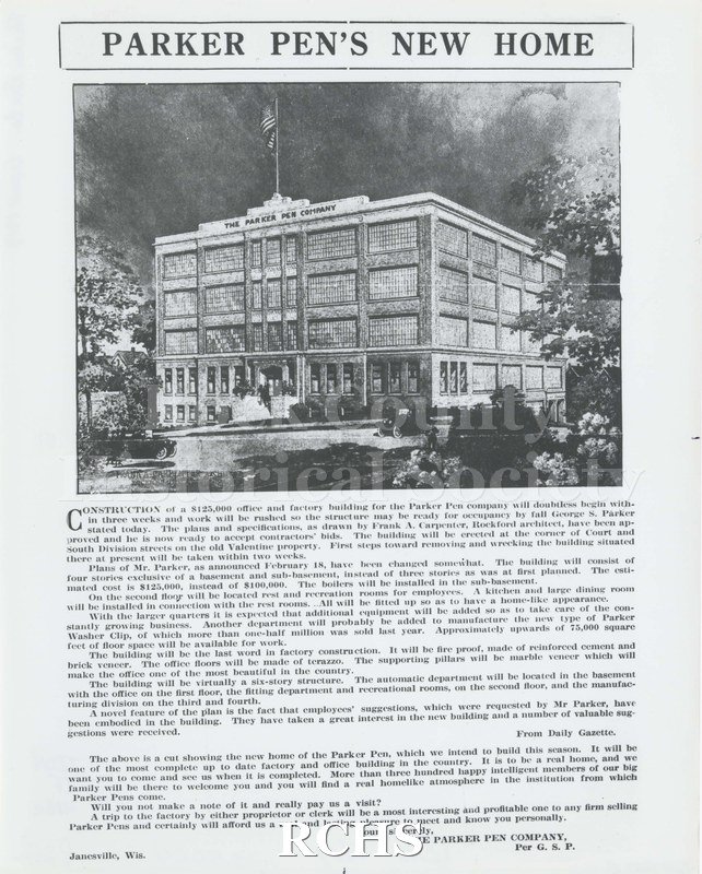 Black and white photograph of the flyer produced by the Parker Pen Company announcing the beginning of construction of a new office and factory building at the.