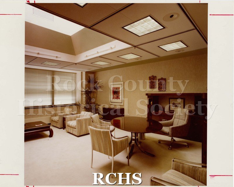 Color photo of remodeled office at Parker Pen Company headquarters, Court Street, Janesville. Written on reverse: Printer's sizing marks.