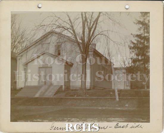 Black and white photograph of the German Lutheran Church, Beloit, Wisconsin.