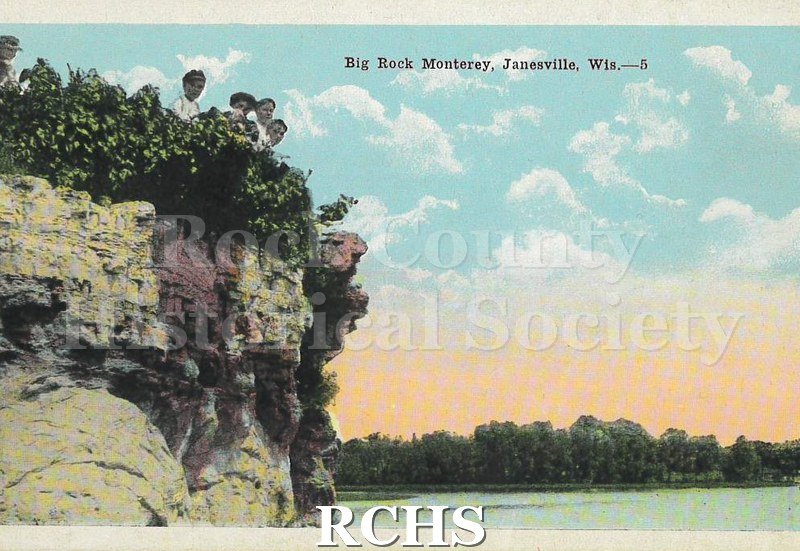 Postcard. Measures 3.5 x 5.5." Color-tinted image of Big Rock Monterey in Janesville.