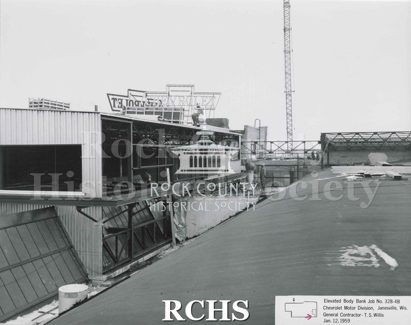 Black and white photograph of a part of the Chevrolet factory construction.