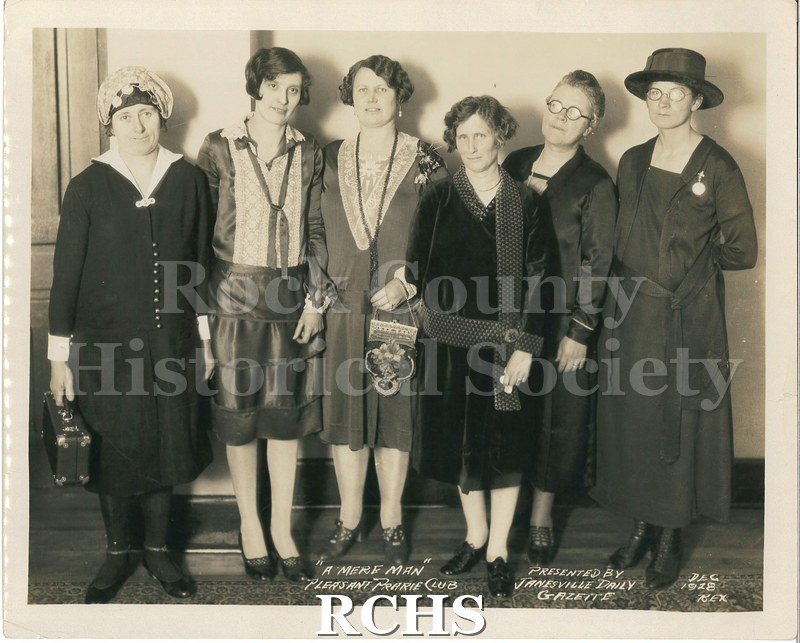 Black and white photograph of the cast of play "A Mere Man" Pleasant Prairie Club. Shows six women in costume posing for a picture.