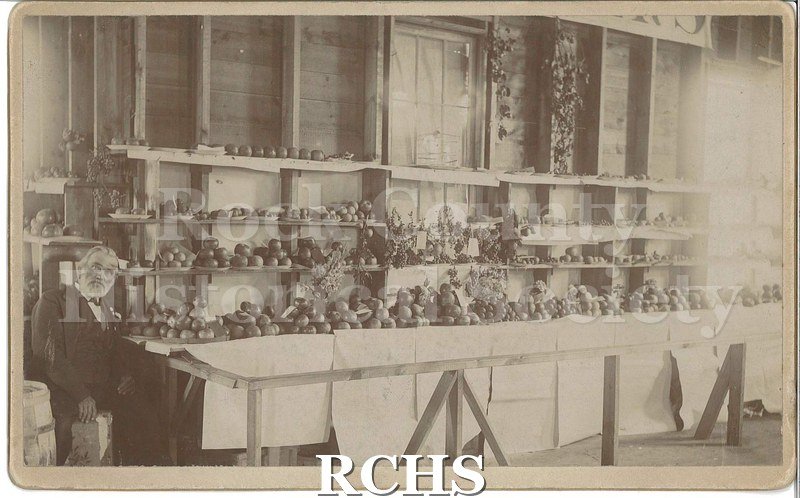 Black and white photograph of George Kellogg at Rock County Fair 1896. He is sitting to the left of a display of produce and vegetables.