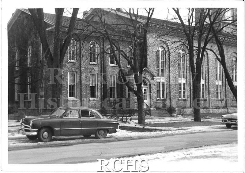 Black and white photograph of the original building of the First Congregational Church in Beloit, showing more of the left side.