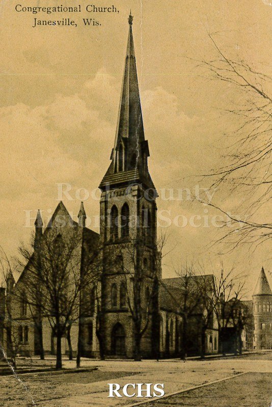 Postcard. Sepia-toned photograph of the Congregational Church in Janesville. Postcard is addressed to Eli Buckley in Vancouver, B.C. Postmarked May 28, 1909.