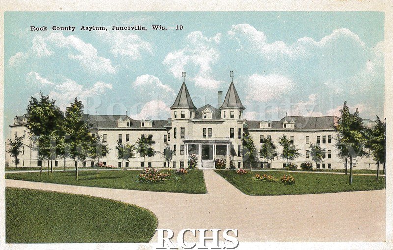 Postcard. Colorized image of the Rock County Asylum in Janesville.