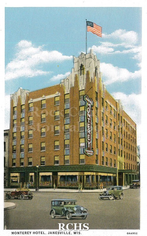 Postcard. Colorized image of the exterior of the Monterey Hotel in Janesville.