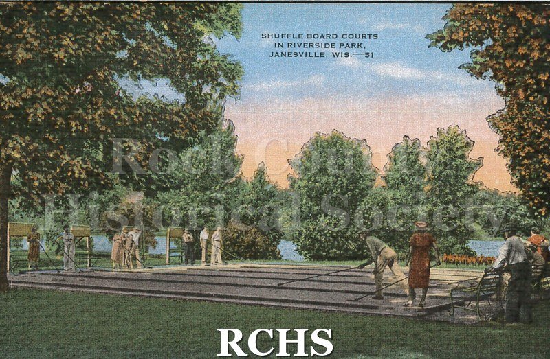 Postcard. Colorized image of the shuffle board courts in Riverside Park.