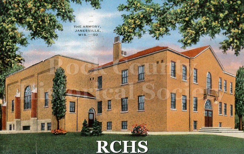 Postcard. Color image depicting the exterior of The Armory in Janesville.
