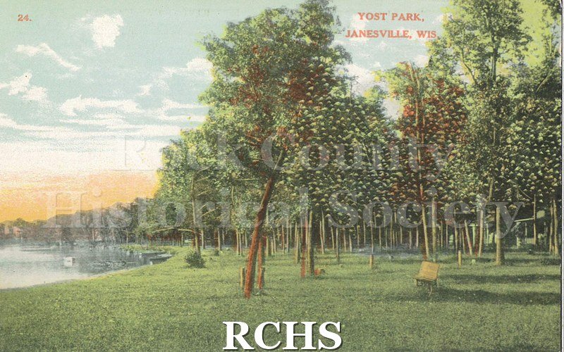 Postcard. Tinted postcards of Yost Park (between Janesville and Beloit) which depict trees along the banks of the Rock River.