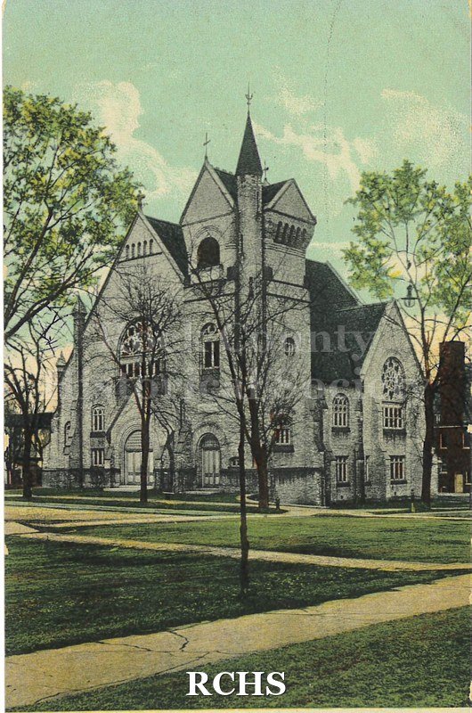 Postcard. Tinted image of the exterior of the Baptist Church in Janesville.
