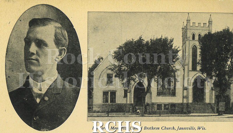 Postcard. Black and white image of the exterior of Richards Memorial United Brethren Church in Janesville.