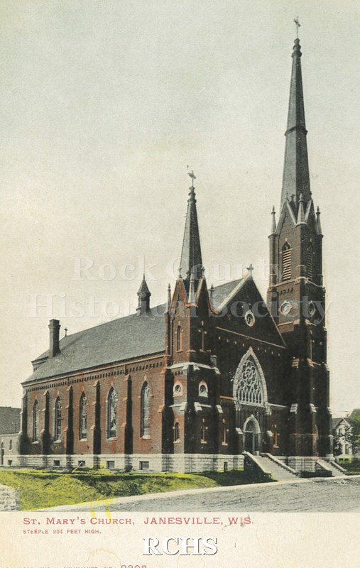 Postcard. Tinted image of St. Mary's Catholic Church in Janesville.