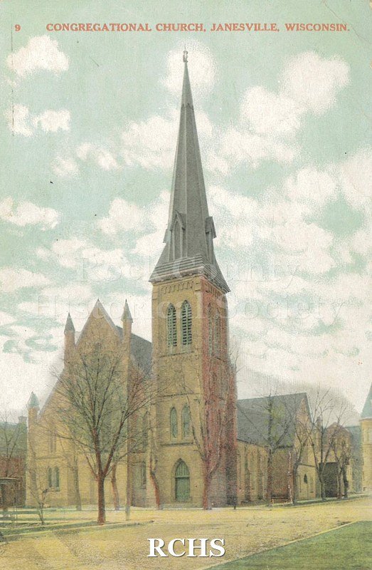 Postcard. Tinted image of the exterior of the Congregational Church in Janesville. No message.