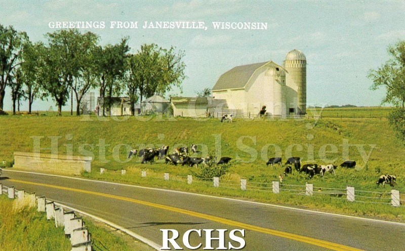 Postcard of cows grazing next to road in front of white barn. White text on front reads "greetings from Janesville, Wisconsin.