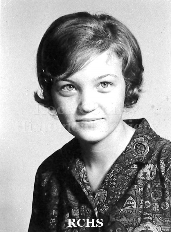 Black and white portrait of Cynthia or Kaudance Koehn (twin sisters), Janesville High School Class of 1966.