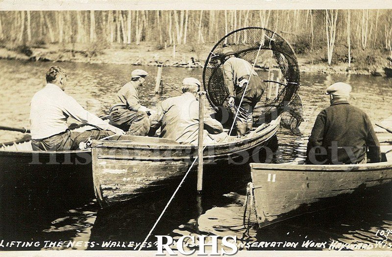 Postcard. Black and white photograph of state conservation workers lifting nets of walleyes and muskies from a lake in Hayward, Wisconsin.