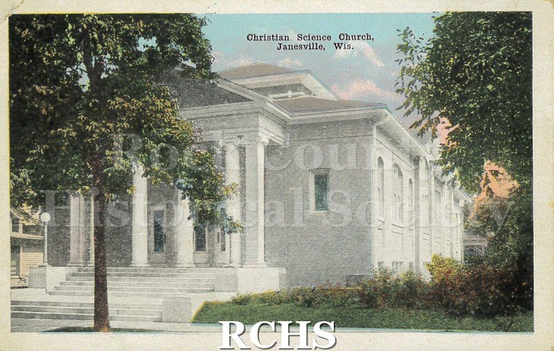 Postcard. Tinted image of the exterior of the Christian Science Church in Janesville. Postmarked 6 February 1921 and addressed to Walter Graf in Lake Mills.