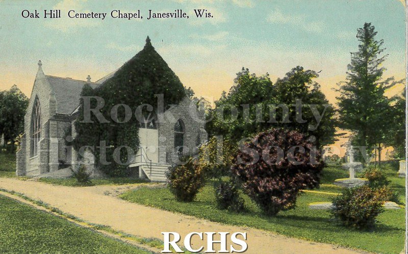 Postcard. Tinted image of the chapel at Oak Hill Cemetery in Janesville. Addressed to Addie Cochrane of Beloit. Postmark not legible.