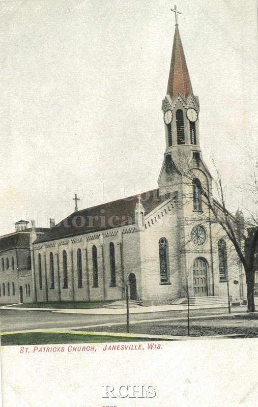 Postcard. Tinted image of the exterior of St. Patrick's Church in Janesville.