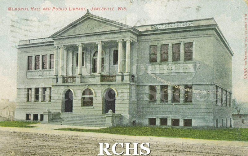 Postcard. Tinted image of the library in Janesville. Addressed to Etta Mertz of Watertown, Wisconsin. Postmarked 7 June 1910.