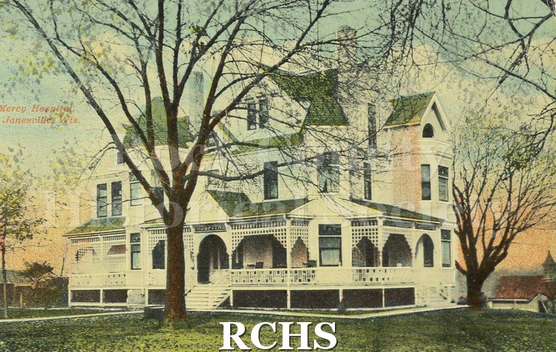 Postcard. Tinted image of Mercy Hospital in Janesville. Not addressed or postmarked.