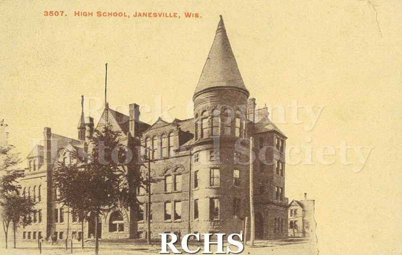 Postcard. Black and white image of Janesville High School.