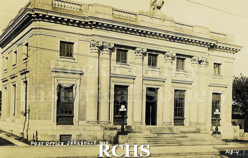 Postcard. Sepia-toned photograph of the exterior of the post office in Janesville.