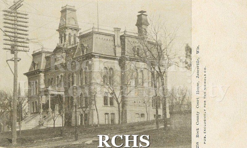 Postcard. Sepia-toned photograph of the Rock County Court House.