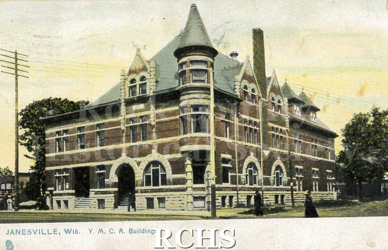 Postcard. Tinted image of the Y.M.C.A. building in Janesville. Addressed to Pearl Tramblie of Thiensville, Wis. Postmarked 9 September 1909.