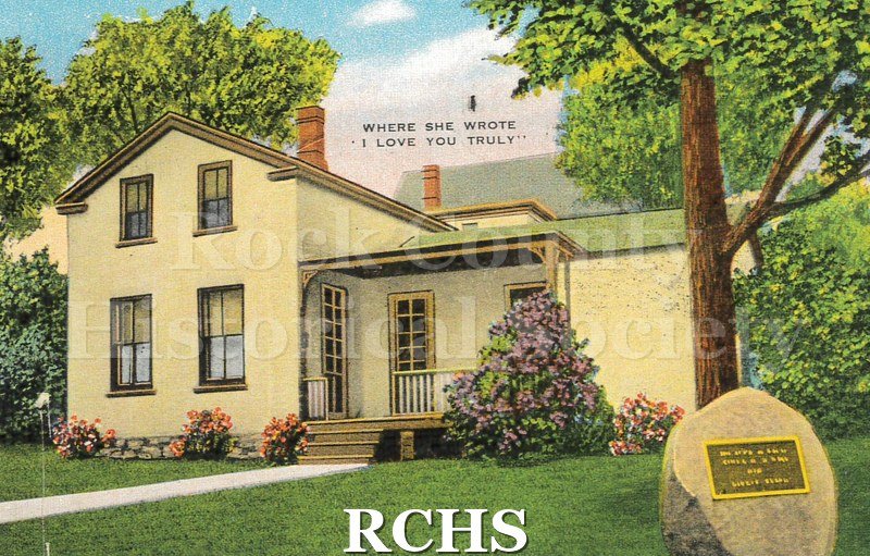 Postcard. Tinted image of Carrie Jacobs Bond's home in Janesville. Address illegible due to scrapbook paper residue over address. Postmarked 13 May 1953.