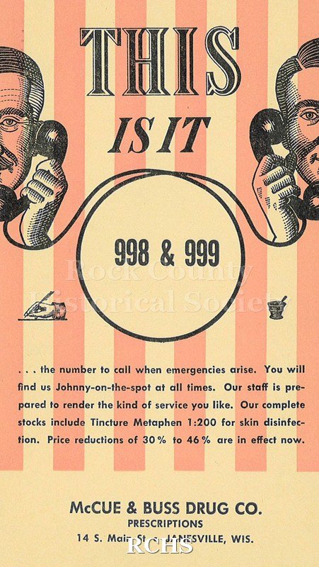 Postcard. Advertising postcard from McCue & Buss Drug Co. in Janesville. Postcard features two men on the phone with each other.