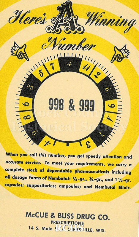 Postcard. Advertising postcard for McCue & Buss Drug Co. in Janesville.