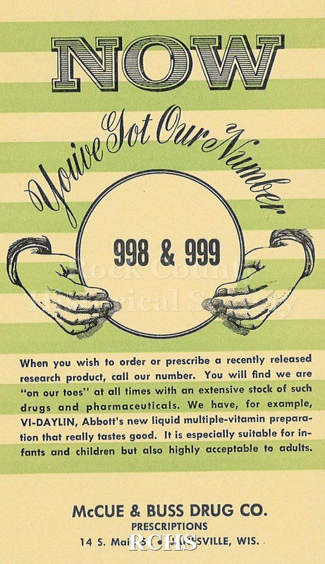 Postcard. Advertising postcard for McCue & Buss Drug Co. in Janesville.