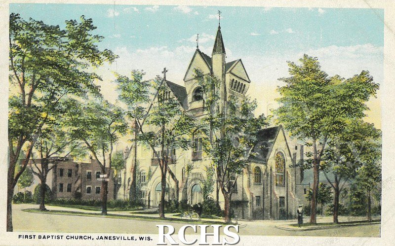 Postcard. Tinted image of the exterior of the First Baptist Church in Janesville.