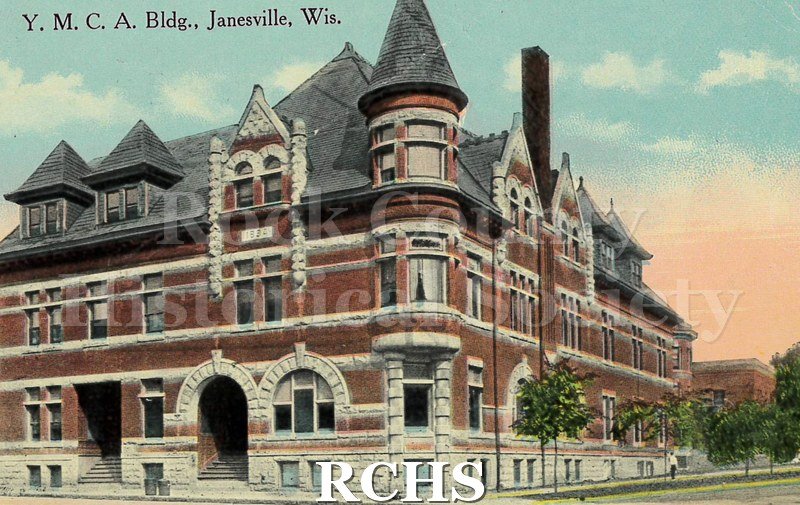 Postcard. Tinted image of the Y.M.C.A. in Janesville. Addressed to Emma Schless of Watertown, Wis. Postmark not entirely legible, so date estimated.