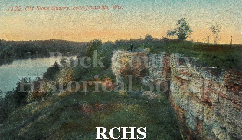 Postcard. Tinted image of the Old Stone Quarry near Janesville. Addressed to Belle McCulloch in New London. Postmarked 13 August 1913.