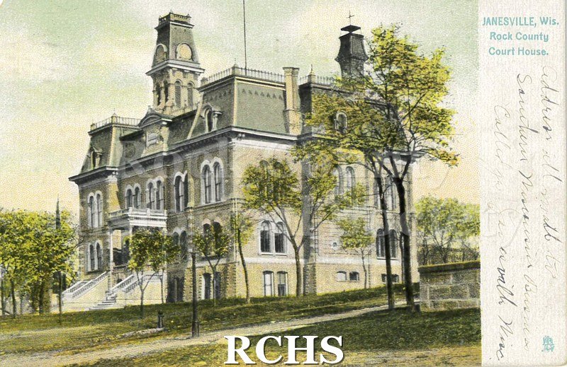Postcard. Tinted image of the Rock County Court House. Addressed to Mabel Putney of Waukesha, Wisconsin. Postmarked 8 April 1910.