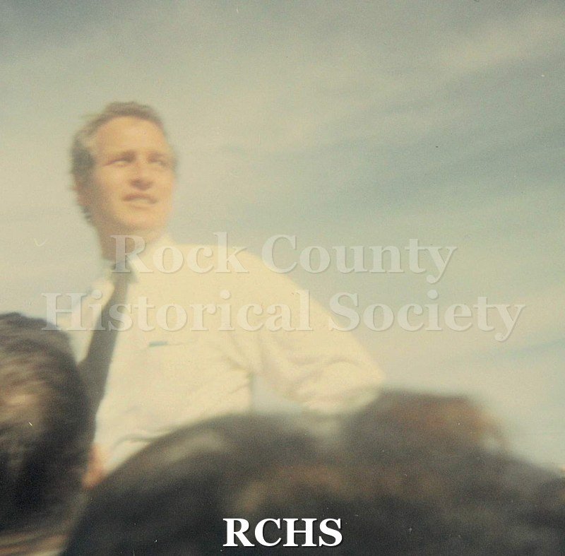 Historic image of Color snapshot of Paul Newman campaigning for Senator Eugene McCarthy at Creston Park in Janesville, March 1968.