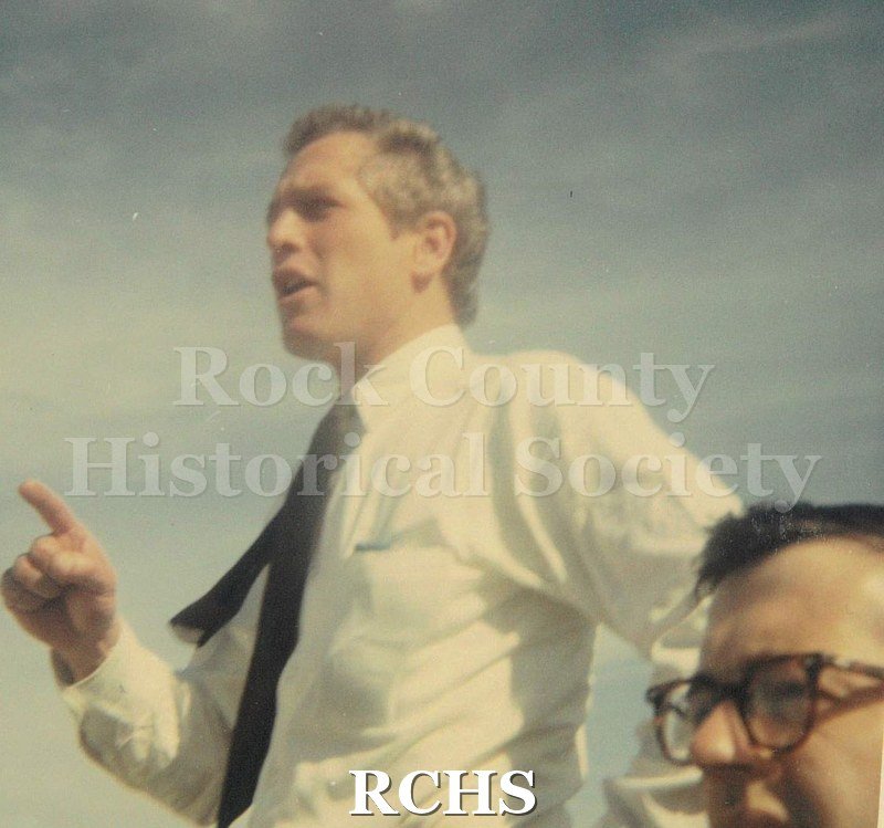Historic image of Color snapshot of Paul Newman campaigning for Senator Eugene McCarthy at Creston Park in Janesville, March 1968.
