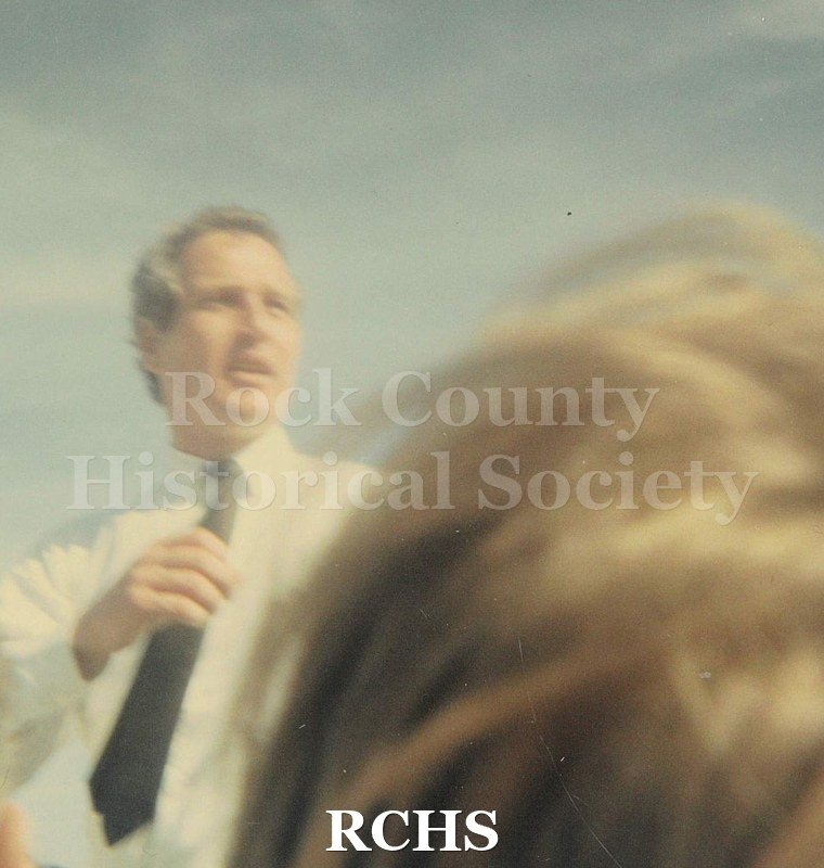 Historic image of Color snapshot of Paul Newman campaigning for Senator Eugene McCarthy at Creston Park in Janesville, March 1968.