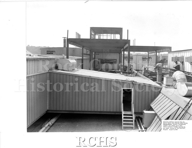 Black and white photograph of the roof of the Chevrolet building with ventilation units on the right. On bottom: "Alterations-Additions, Janesville Plant, Wis.