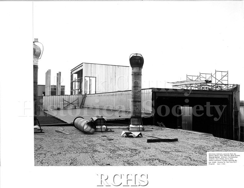 Black and white photograph of the air duct on top of the building. On bottom: "Alterations-Additions, Janesville Plant, Wis.