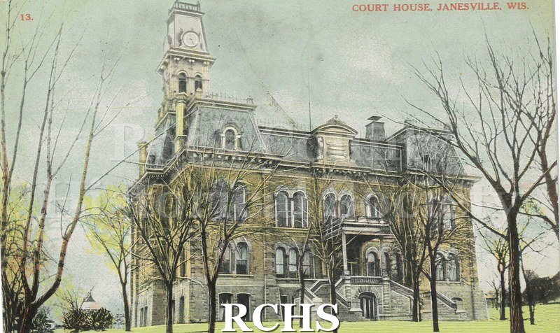 Post card. Tinted image of the Rock County Court House. Addressed to Mrs. Jason C. Connor of Des Plaines, Illinois. Postmarked 30 August 1908.