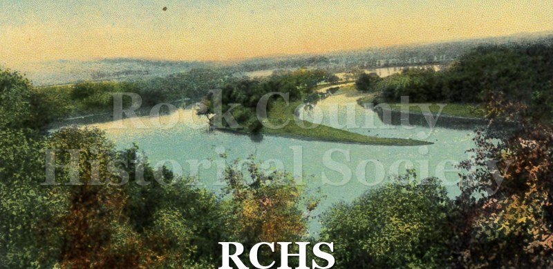 Postcard. Tinted image of the Rock River and Crescent Island near Janesville. Addressed to Mrs. Jack Griffin of Brodhead, Wis. Postmarked 10 November 1913.