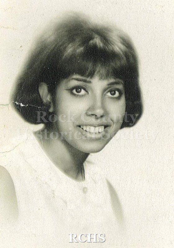 Black and white portrait of Alia Arasoughly, Janesville High School Class of 1964. Photo was from the personal collection of Bruce Bell, JHS class of 1965.
