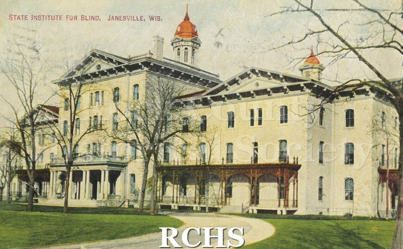 Postcard. Tinted image of the State Institute for the Blind in Janesville. Postmarked 30 June 1910 and addressed to Margaret Maerzke.